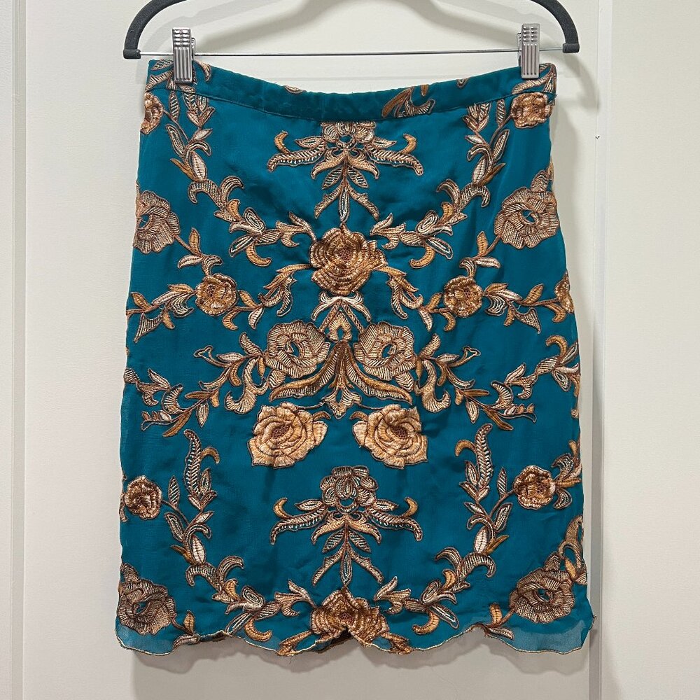 Bohemian teal + gold embroidered pencil skirt